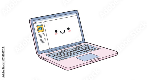 Illustrated pink laptop computer with a happy kawaii face on its display.