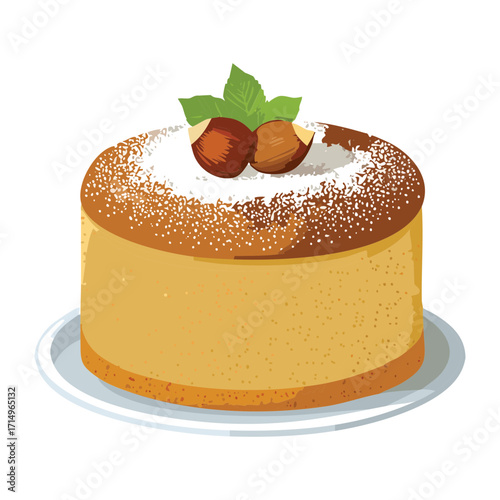 A delicious layered dessert cake with creamy filling and topped with a whole hazelnut - Vector Illustration