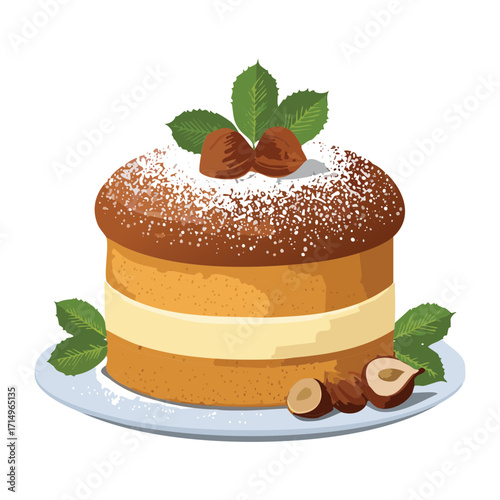 A layered dessert cake with creamy filling and topped with cocoa powder - Vector Illustration