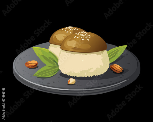 A traditional mochi dessert with a creamy filling and garnished with a mint leaf - Vector Illustration