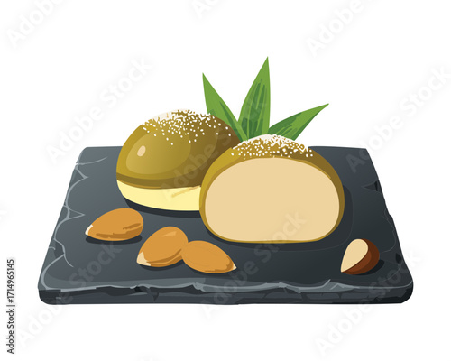 A traditional japanese mochi dessert with a creamy filling and almond garnish - Vector Illustration