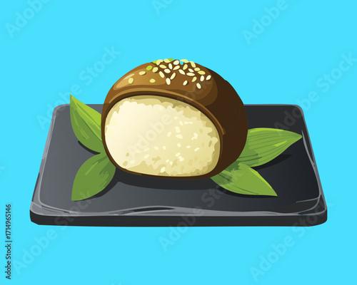 A delicious sweet mochi dessert filled with a creamy filling and almonds - Vector Illustration