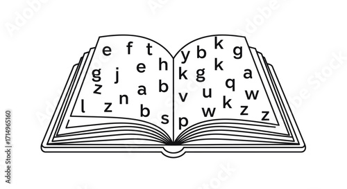 Open Book Filled with Randomly Scattered Letters.