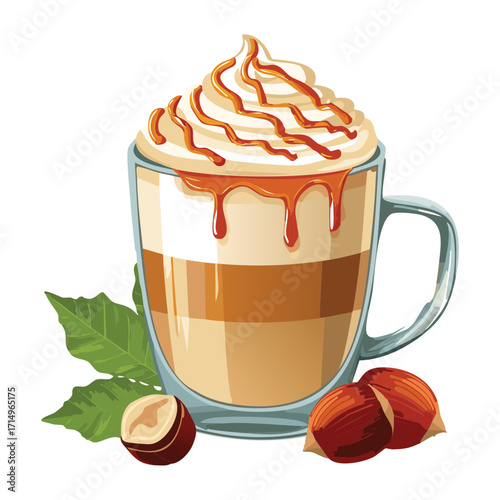 A glass of creamy macchiato with whipped cream, caramel, and chopped nuts - Vector Illustration