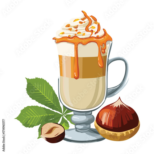 A beautiful glass of latte macchiato topped with whipped cream and hazelnuts - Vector Illustration