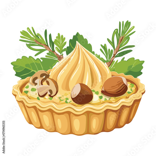 A savory pie with a flaky crust, filled with a creamy chestnut mixture and garnished with fresh green herbs - Vector Illustration