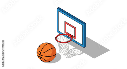 Isometric Basketball Hoop and Ball in Action.