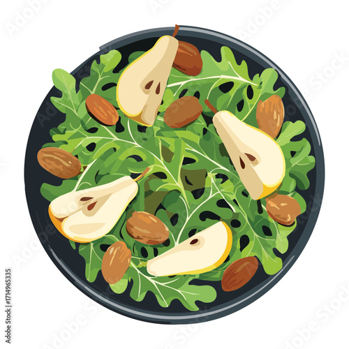 A fresh and healthy salad with sliced pears, arugula leaves, and crumbled nuts, drizzled with vinaigrette - Vector Illustration