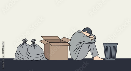 Homeless Man Sitting on Ground with Cardboard Box and Trash Bags Poverty and Despair Concept Illustration