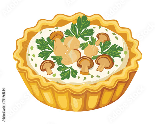 A savory tart with a golden crust, filled with a creamy mushroom filling and topped with sliced almonds - Vector Illustration