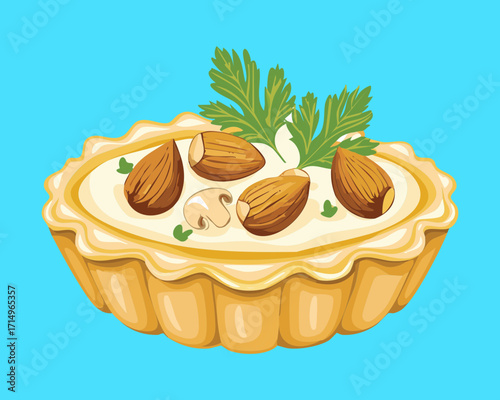 A savory pie with a golden crust, filled with a creamy sauce and topped with sliced almonds - Vector Illustration