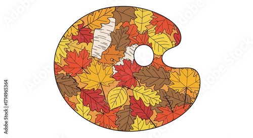 An artists paint palette filled with a colorful mosaic pattern of autumn leaves in fall colors.