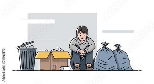 Sad Homeless Person Sitting on the Ground with Belongings