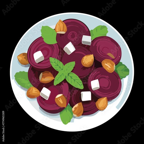 A fresh salad with roasted beetroot slices, creamy feta cheese, and nuts, garnished with fresh mint - Vector Illustration