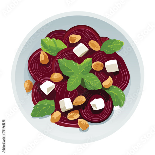 A healthy salad with roasted beetroot slices, creamy feta cheese, pine nuts, and fresh mint leaves - Vector Illustration