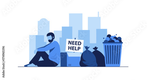 Sad Homeless Man Sitting on Sidewalk in City Needing Help Poverty Concept Illustration