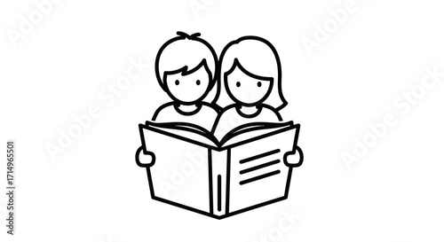 Line art illustration of two children reading an open book together.