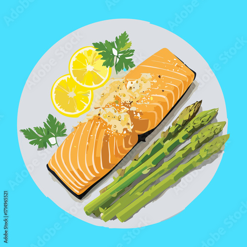 A roasted salmon fillet served with tender green asparagus spears, garnished with fresh parsley and a lemon slice - Vector Illustration