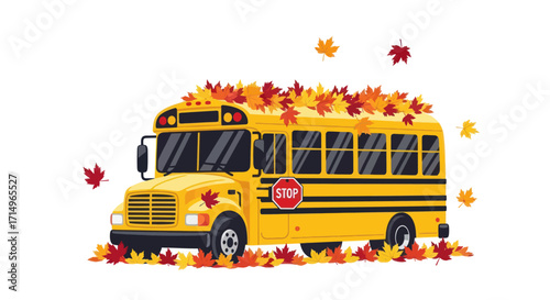 Classic yellow school bus decorated with vibrant falling autumn maple leaves.