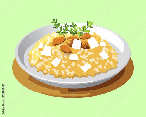 A plate of creamy risotto with a rich texture, topped with fresh herbs and a generous sprinkle of cheese - Vector Illustration