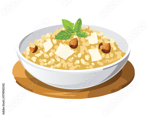 A delicious bowl of creamy risotto, garnished with grated parmesan cheese and fresh herbs - Vector Illustration
