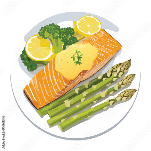 A perfectly baked salmon fillet with a creamy sauce, served with roasted asparagus and a fresh lemon slice - Vector Illustration