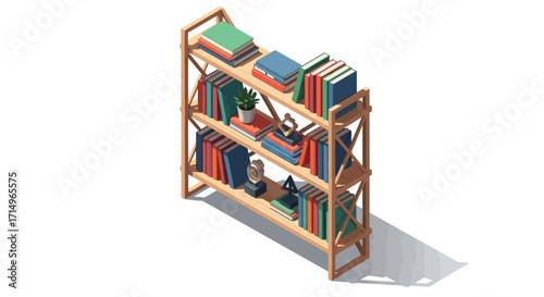 Wooden Bookshelf with Assorted Books and Decor.