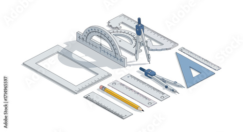 Drafting Tools Set: Rulers Compasses Protractor and Pencil for Technical Drawing.