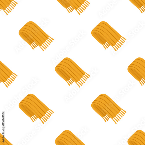 Vector seamless pattern with yellow knitted scarves. Cute woolen clothes on white background. Seamless print for warm wearing. Pattern with cozy wool scarves for cold weather. Wrapping design.