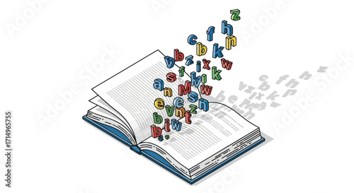 Open book with colorful letters flying out symbolizing knowledge and imagination.