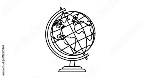 Black and White Line Art Globe with World Map and Stand.