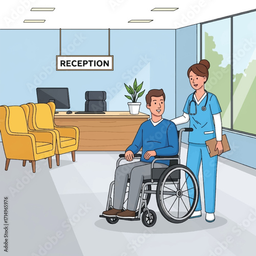 A nurse assists a man in a wheelchair at a hospital reception desk, with yellow chairs and a plant in the background.