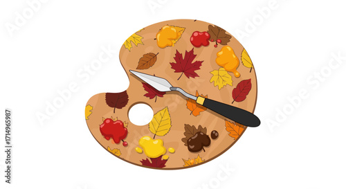 Autumn-Themed Artists Palette with Leaves and Tools.