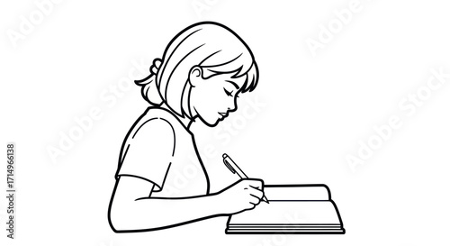 Girl Writing in Notebook Profile View Black and White Drawing.