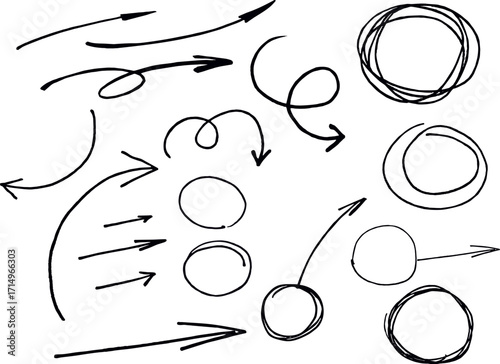 Vector set of hand drawn ink arrows, bubbles and circles