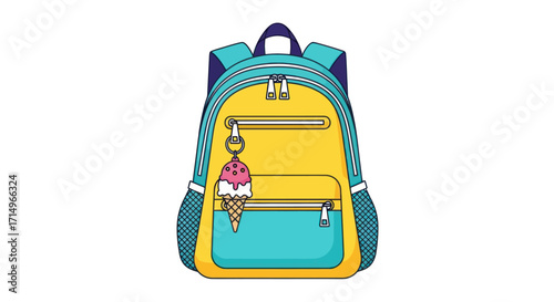 Colorful School Backpack with Ice Cream Charm Yellow and Blue Design.