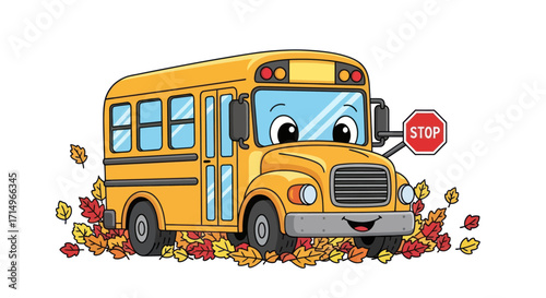Cheerful Cartoon School Bus Surrounded by Autumn Leaves.