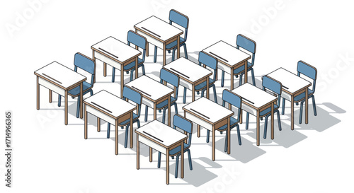 Isometric View of School Desks and Chairs Arrangement.