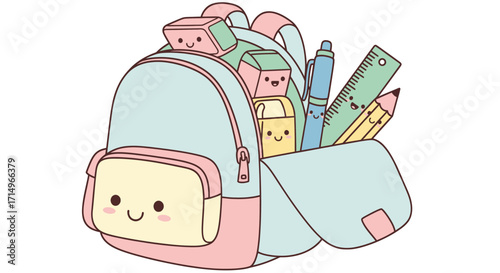 Adorable Pastel Cartoon Backpack Filled with Smiling School Supplies.