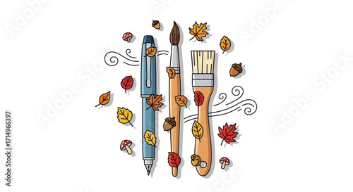 Autumnal Artists Tools: Pen Paintbrush and Brush.