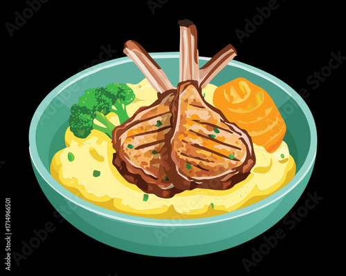  Two savory lamb chops with a golden crust, served on a bed of creamy mashed potatoes and green peas - Vector Illustration