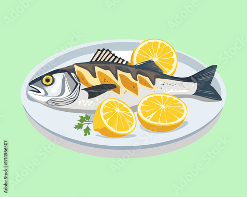 A perfectly grilled whole fish, garnished with fresh lemon slices and green herbs, set on a bright green plate - Vector Illustration