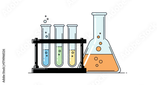 Line art illustration of a chemistry experiment with test tubes in a rack and a bubbling Erlenmeyer flask.