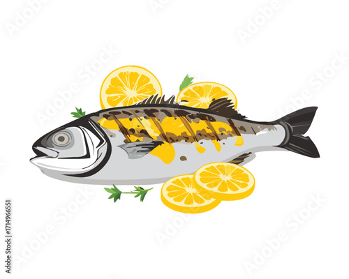 A perfectly grilled whole fish, garnished with fresh lemon slices, herbs, and a dollop of butter - Vector Illustration