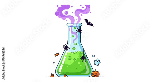 Halloween Potion Flask with Spooky Elements and Bubbling Green Liquid.