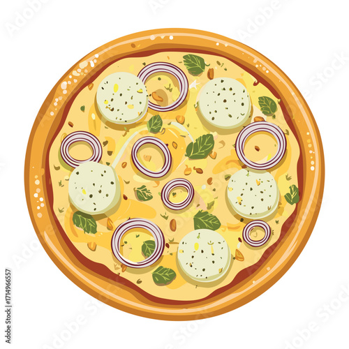 A freshly baked pizza featuring a light crust, generously topped with sliced onions, mushrooms, and fresh herbs - Vector Illustration