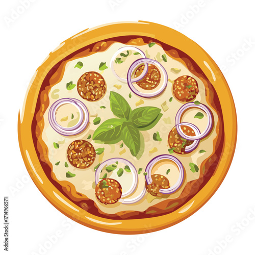 A freshly baked savory pizza with a light crust, topped with sliced onions, black olives, and fresh herbs - Vector Illustration