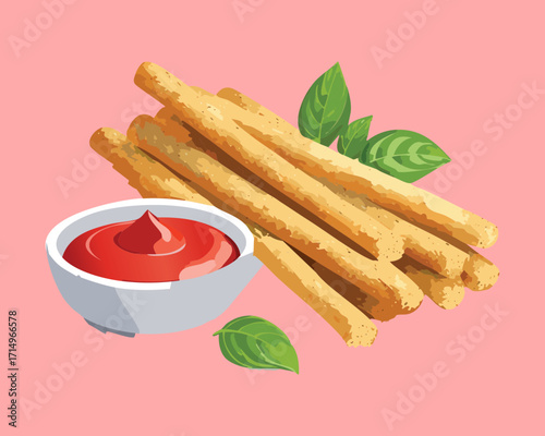 A vibrant pink background highlights a plate of savory baked breadsticks with a bowl of tomato dipping sauce - Vector Illustration