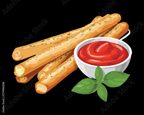A delicious bowl of savory, crunchy breadsticks served with a red tomato-based dipping sauce - Vector Illustration