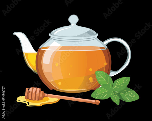 A transparent teapot with a light golden liquid, accompanied by fresh mint leaves and a golden wooden dipper - Vector Illustration